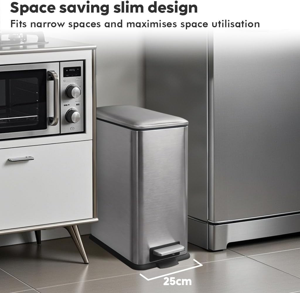 30L Stainless Steel Pedal Bin Slim Kitchen Trash Can Soft Close Grey