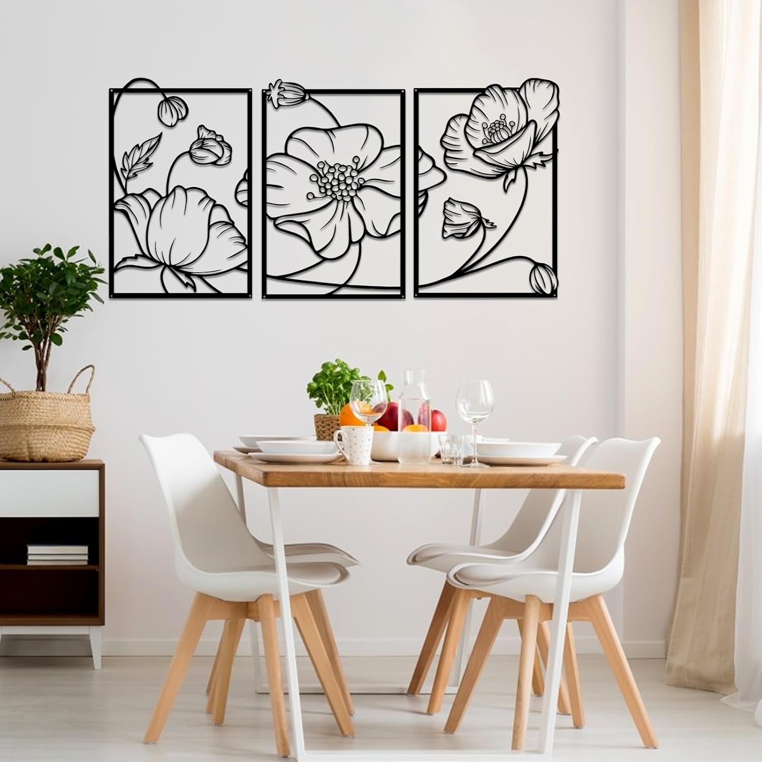 3Pcs Black Metal Flower Wall Art Minimalist Floral Decor