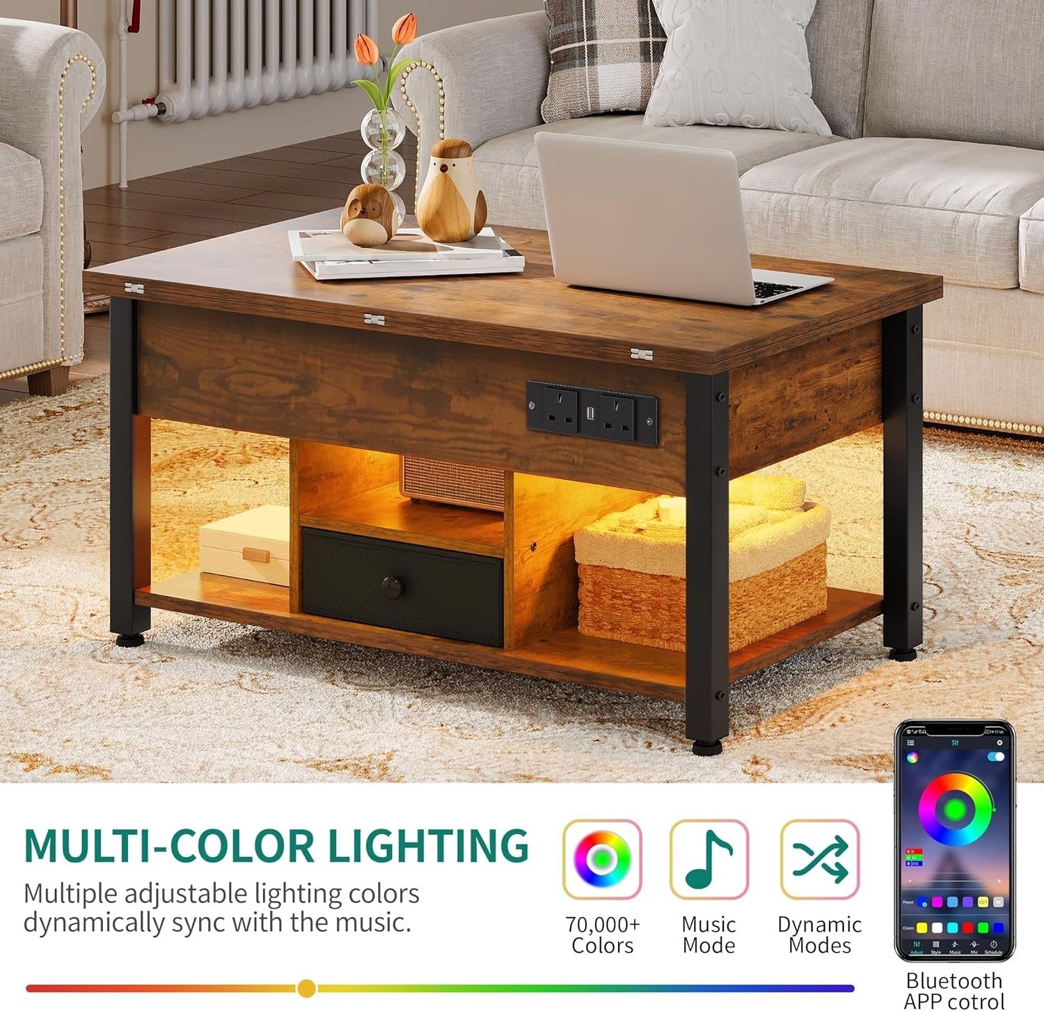 4-in-1 Lift Top Coffee Table with Storage, Charging Ports & RGB LED Lights