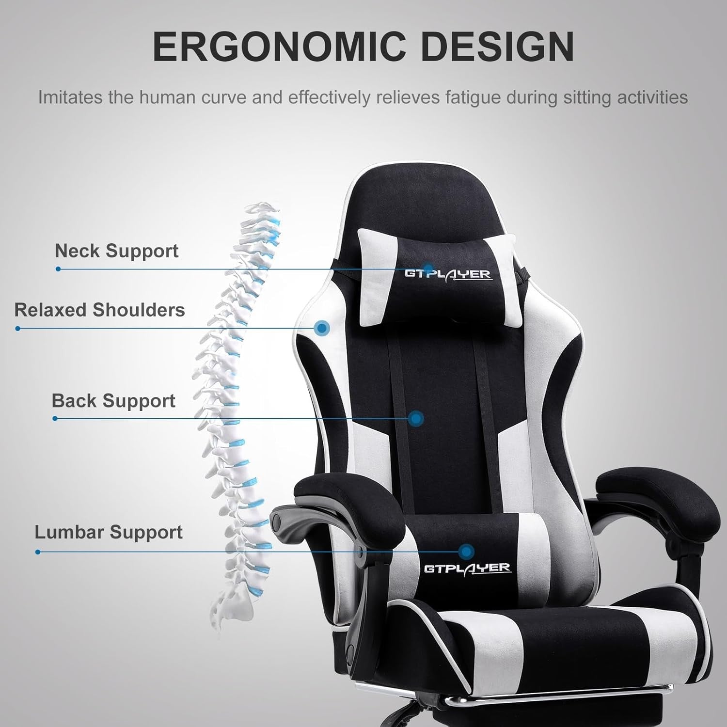 Fabric Gaming Chair w Massage Lumbar Footrest Reclining White