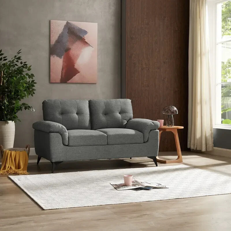 2 Seater Sofa Dark Grey Linen Tufted Cushions Small Space Living Room