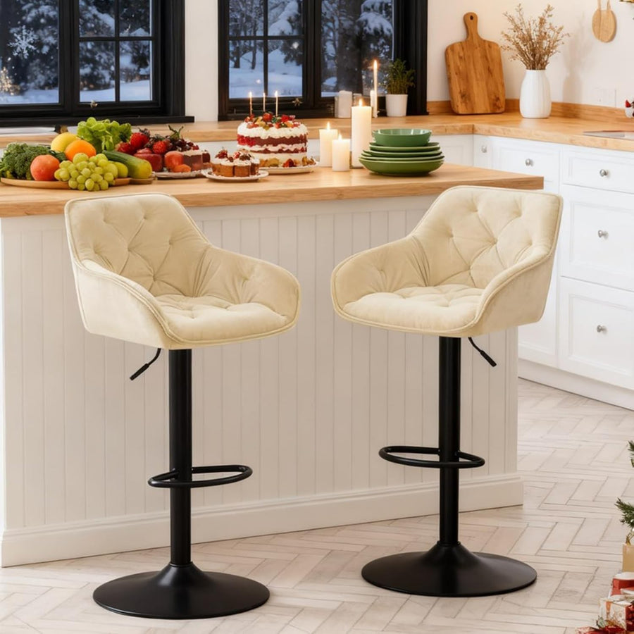 2 Beige Velvet Bar Stools Adjustable 360° Swivel Kitchen Chairs
