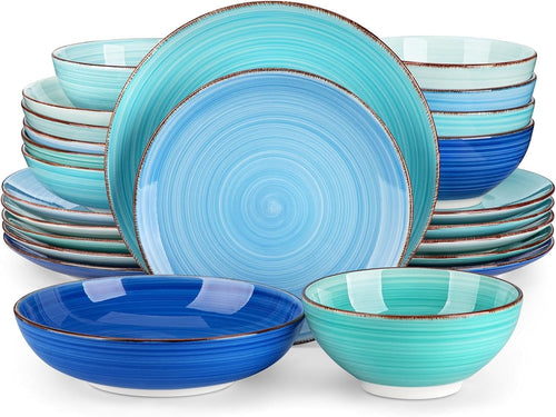 24pc Stoneware Dinner Set for 6 Blue Spiral Plates Bowls Serving Dishes