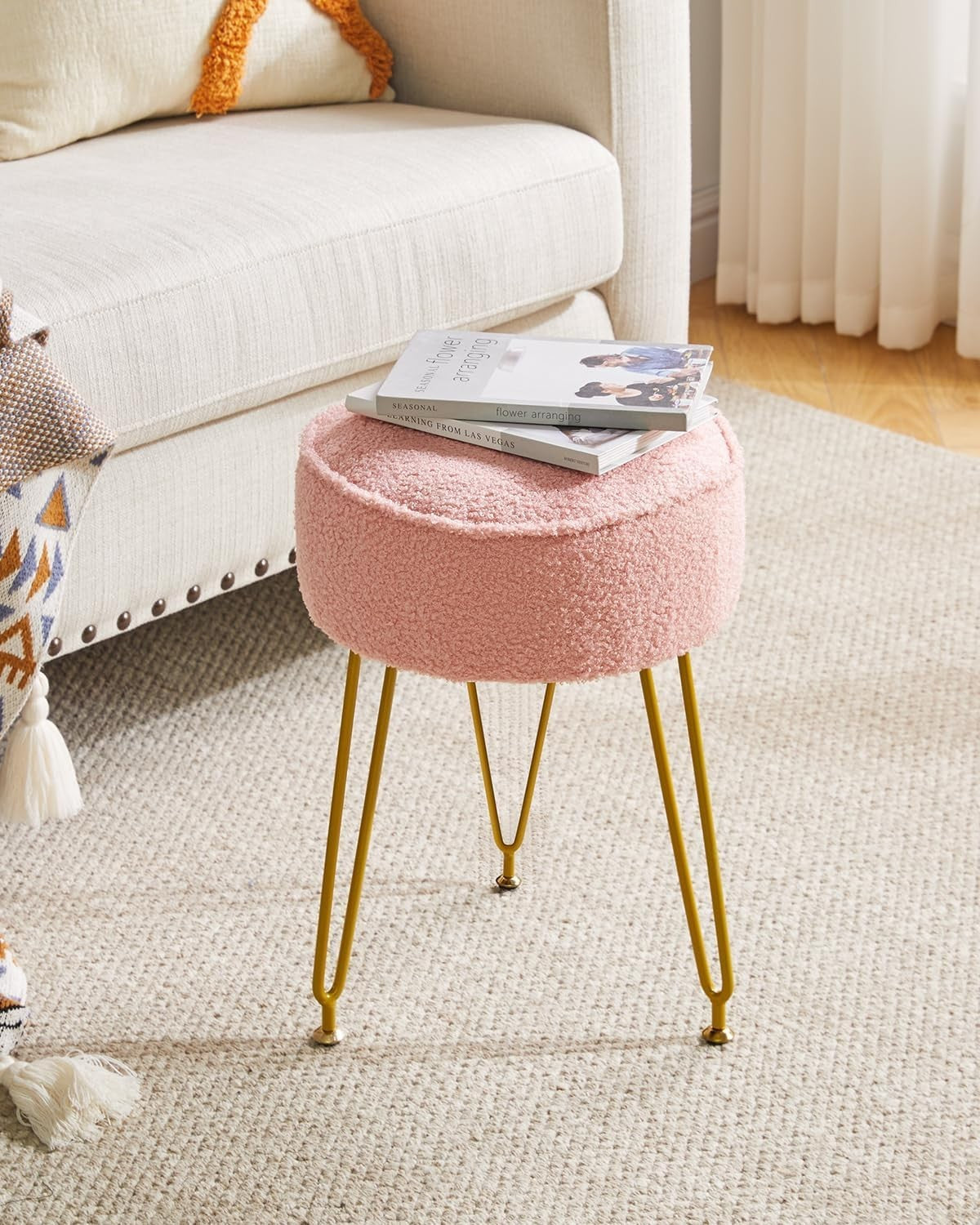Velvet Round Footrest Ottoman – Cream White Vanity Stool with Steel Legs