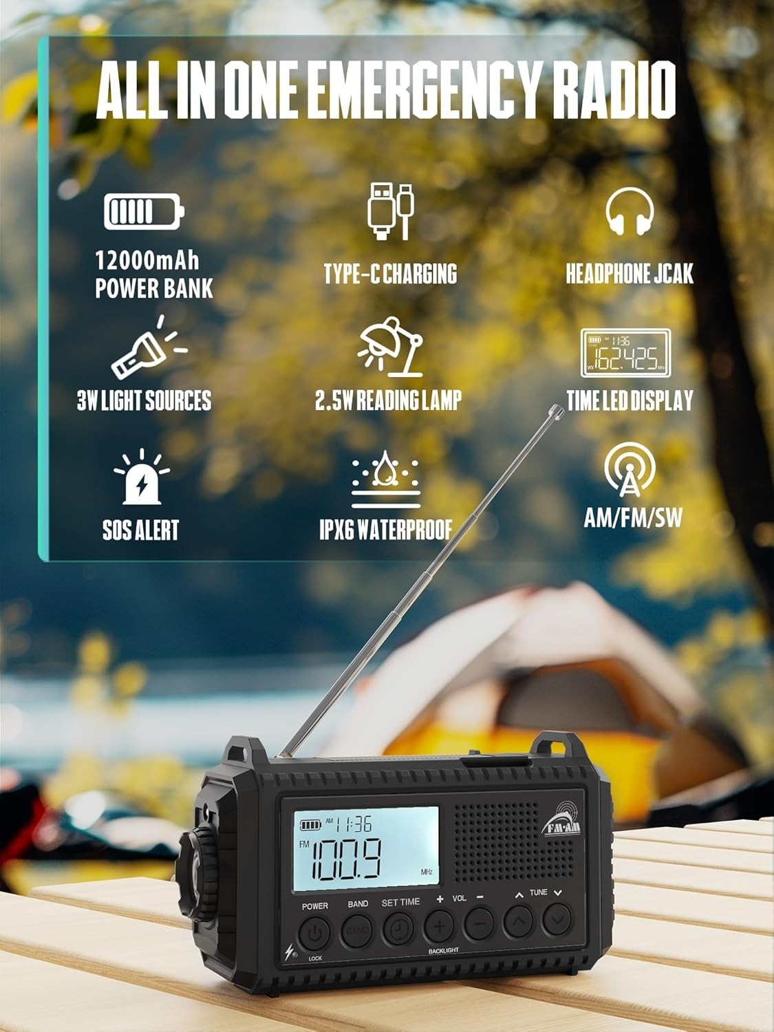 Emergency Wind Up Solar Radio AM/FM/SW 12000mAh Waterproof