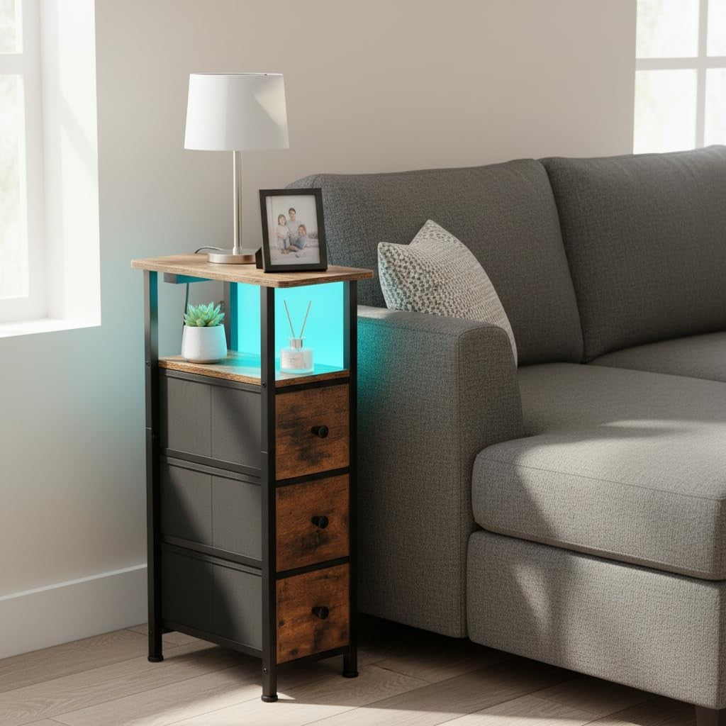 Slim Bedside Tables Set of 2 with LED Light, Charging Ports & Storage Drawers