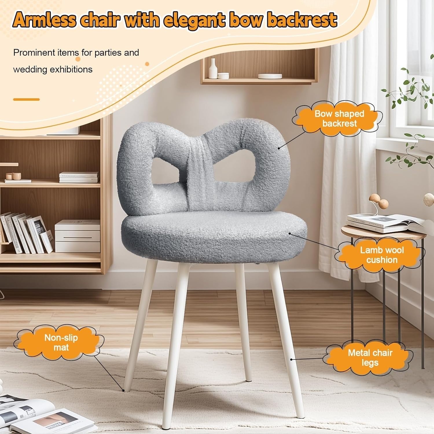 Grey Bowknot Vanity Stool Faux Wool Makeup Chair Adjustable Feet Modern