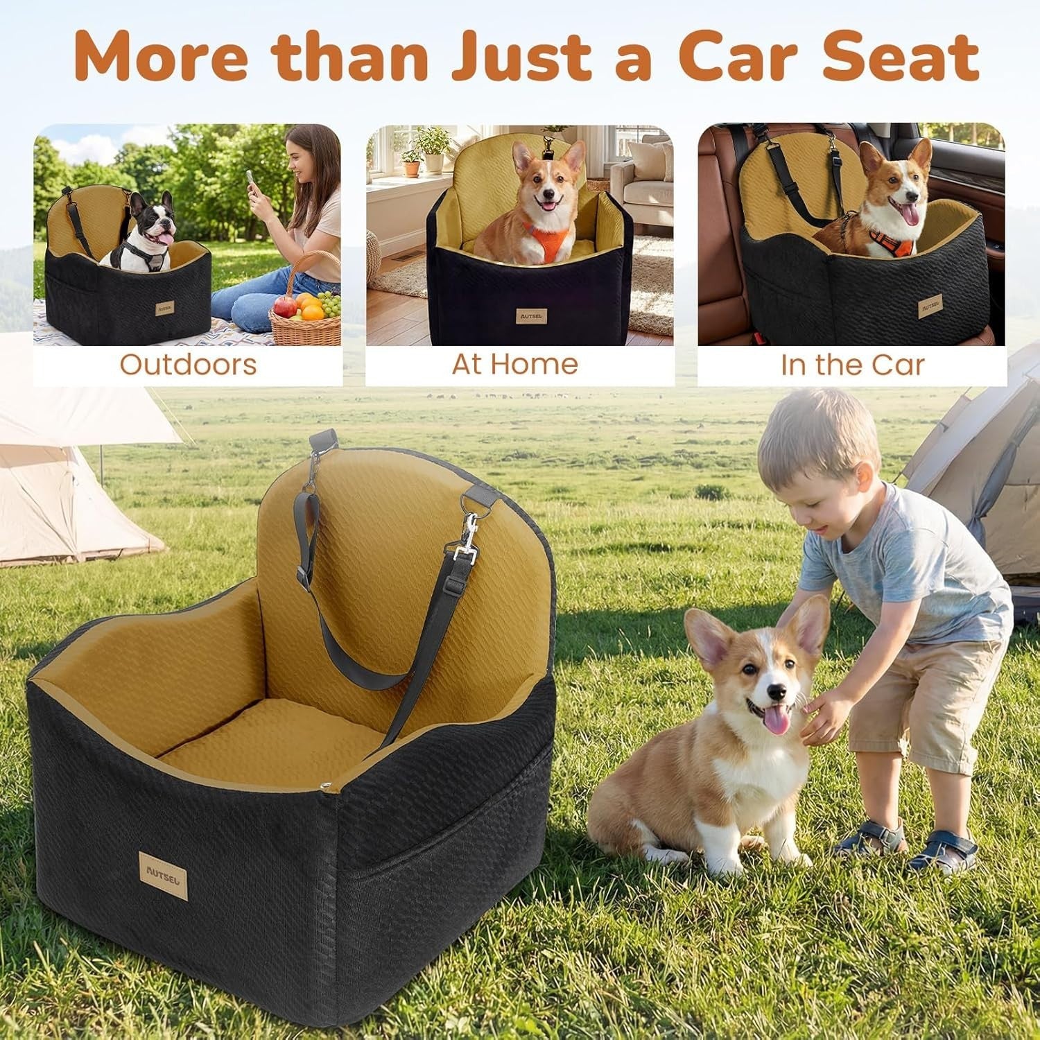 Dog Booster Car Seat Waterproof Washable Travel Bed 40lb Black Brown