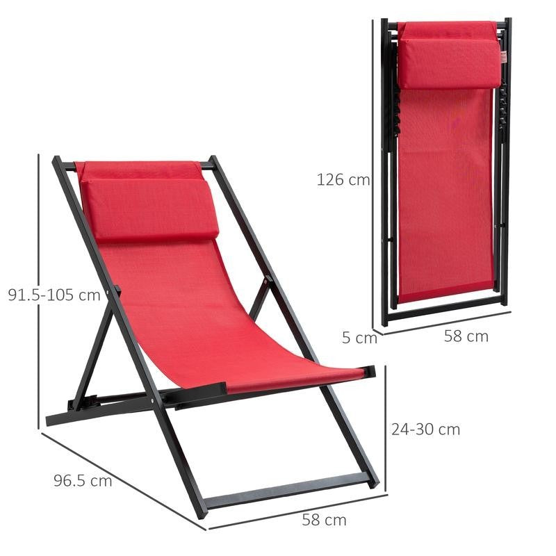 2x Folding Red Deck Chairs Reclining Aluminium Garden Patio Loungers