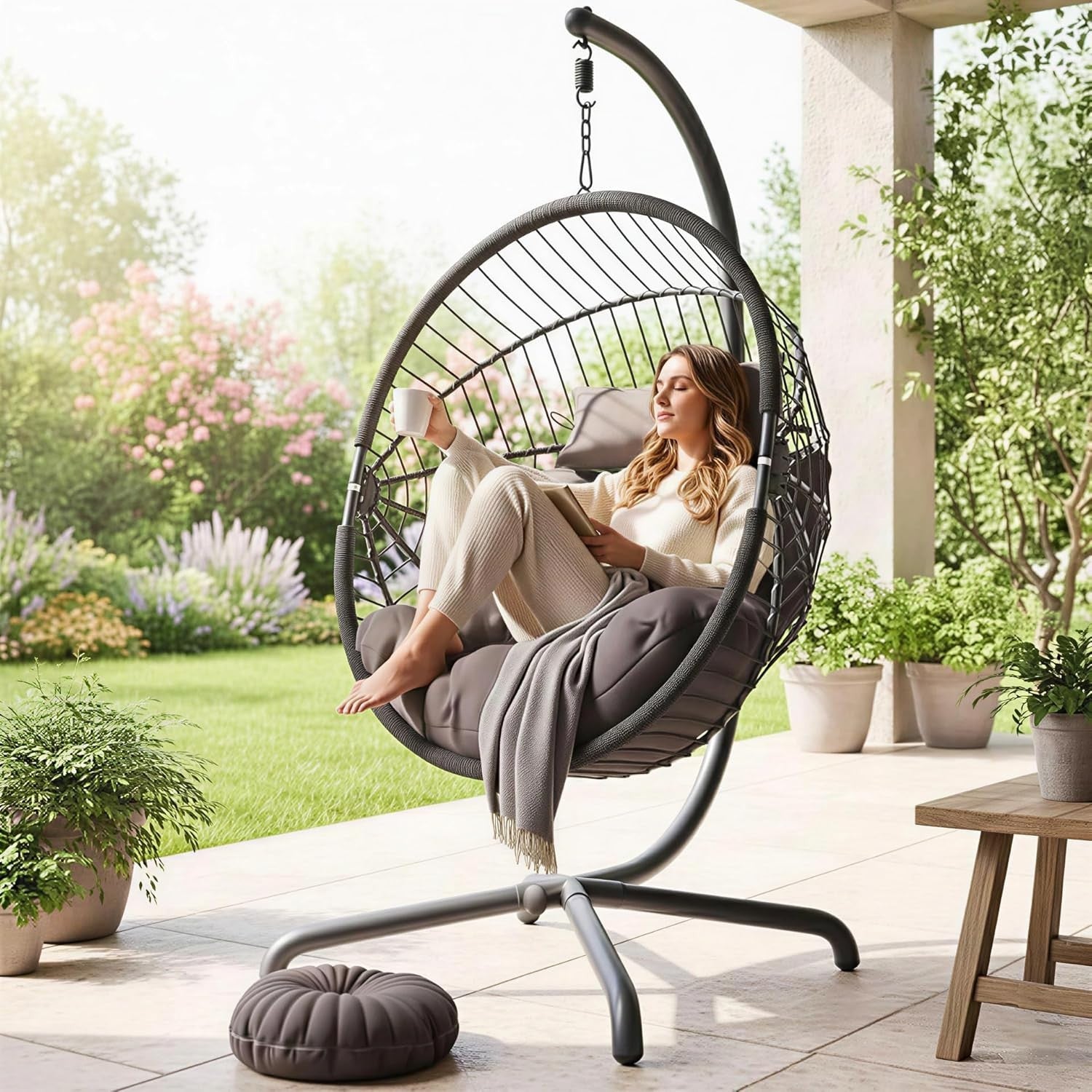 Dark Grey Hanging Egg Chair with Stand Thick Cushion Indoor Outdoor Swing