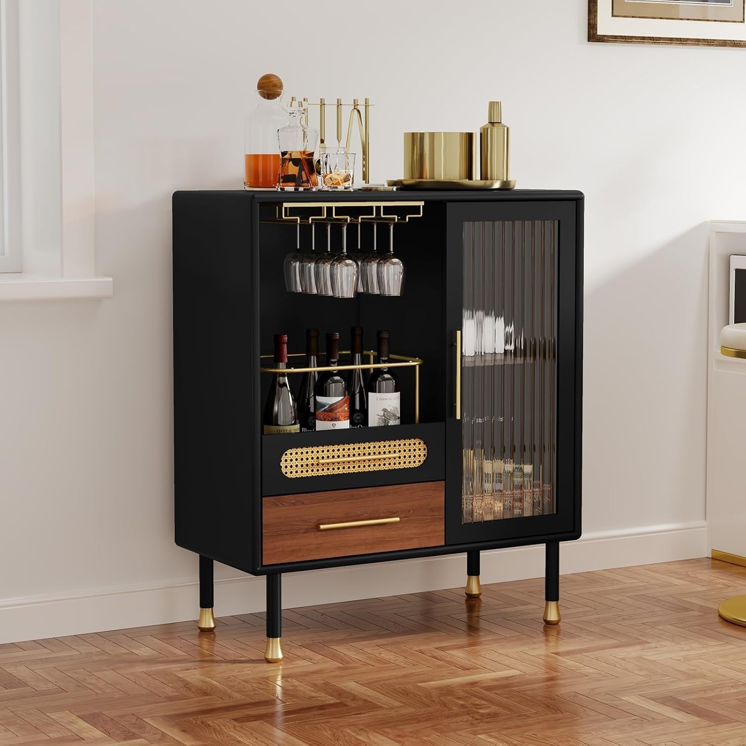 Modern Drinks Cabinet Black Sideboard Bar Unit with Wine Glass Rack & Drawers