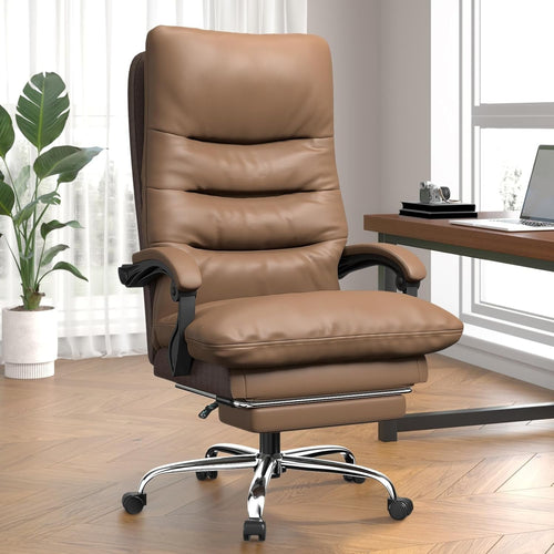 Big & Tall Ergonomic Office Chair Executive Adjustable Footrest Brown Faux Leath