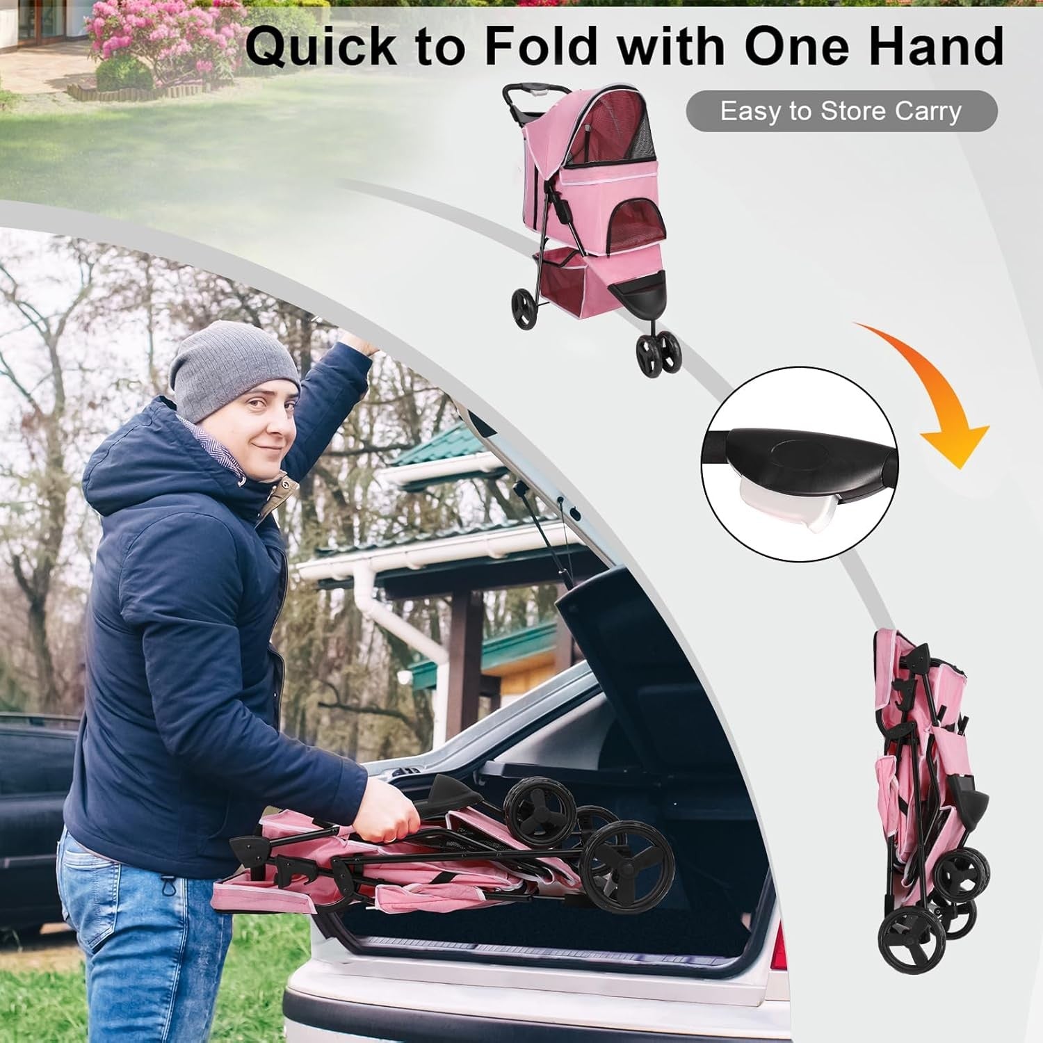 Pink Folding Pet Stroller Dog Cat Pushchair Storage Basket Easy Fold Wheels