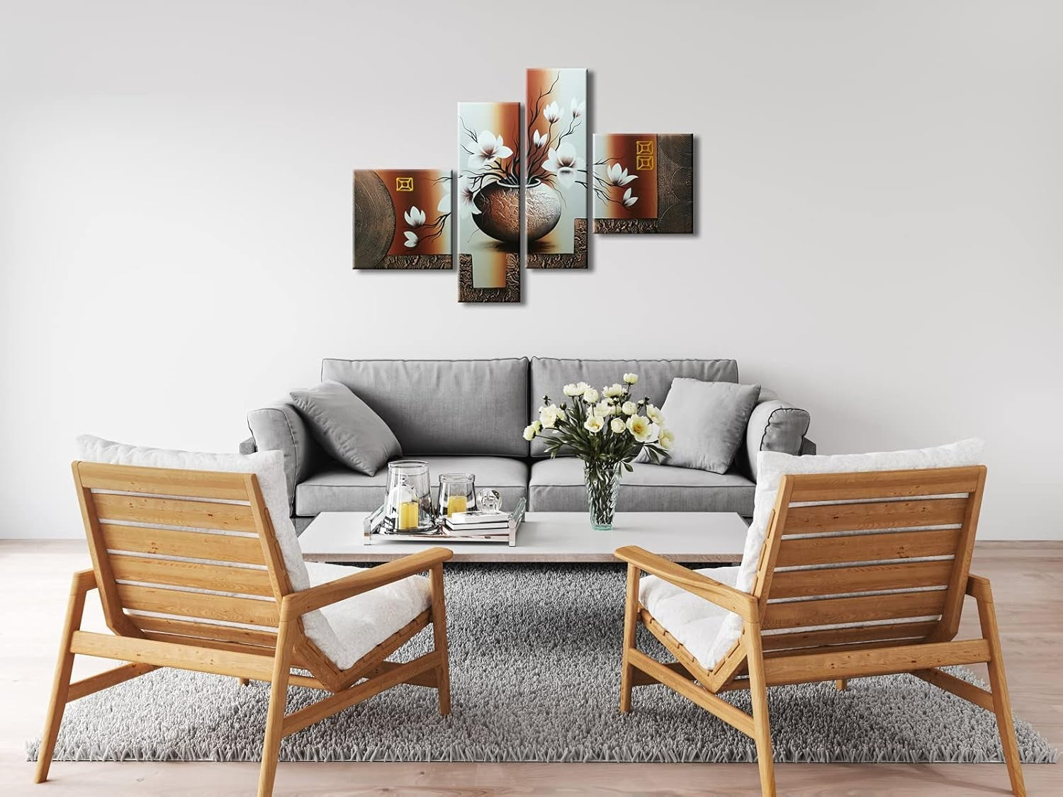 Large 4 Panel Floral Oil Painting Canvas Wall Art Hand Painted