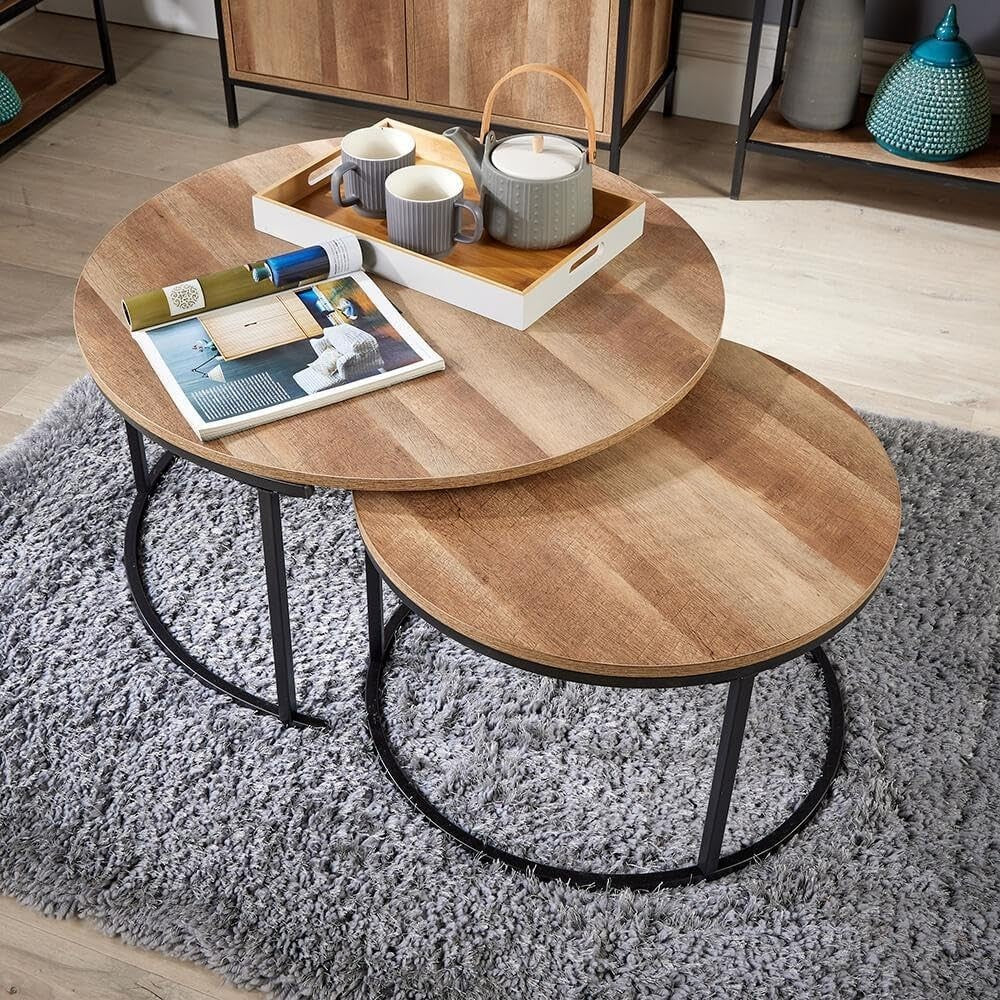 Round Nesting Coffee Tables Set of 2 – Black Metal Frame, Oak Effect, Space