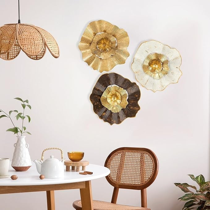 12" Gold Metal Flower Wall Décor Pack of 3 Modern Wall Art Accent