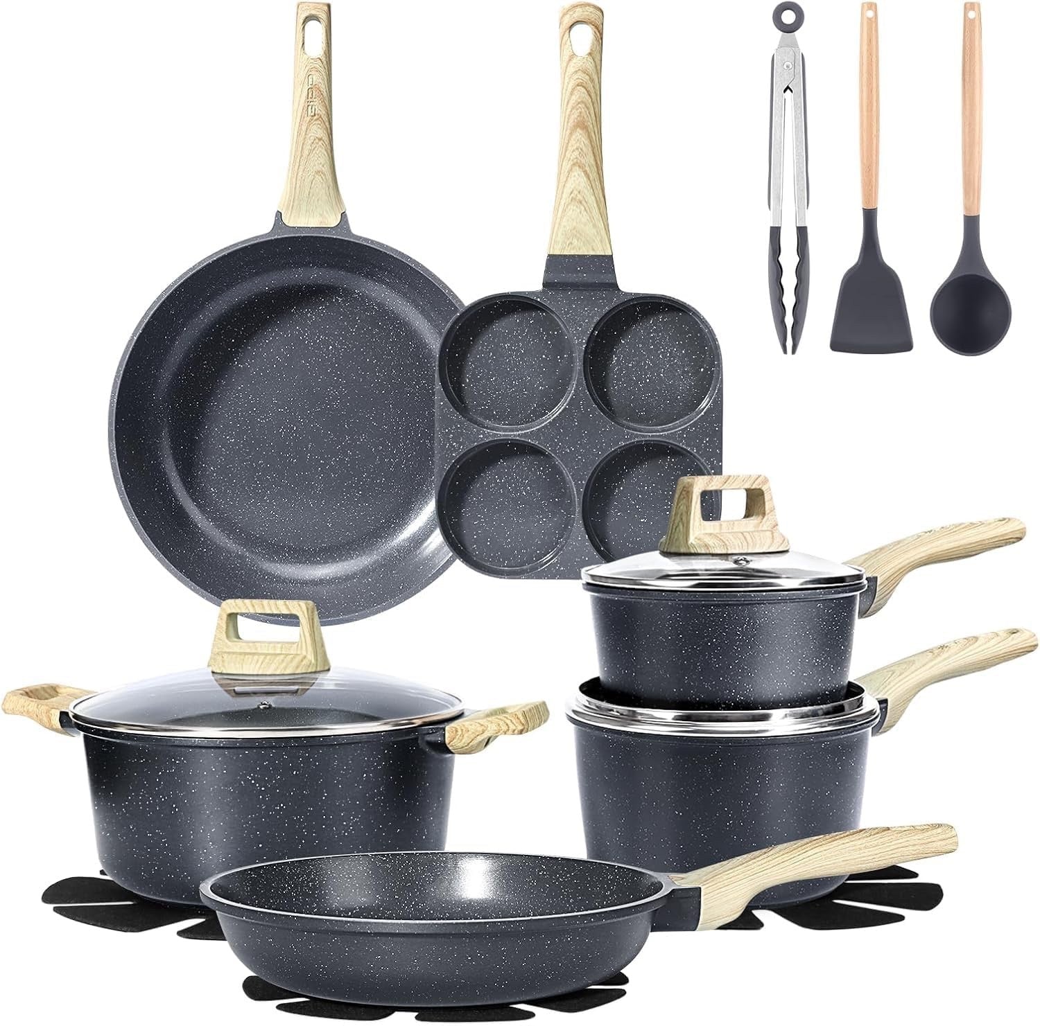 17pcs Grey Granite Non Stick Induction Safe Cookware Set Ceramic Pots Pans