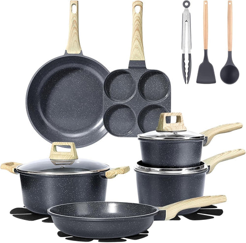 17pcs Grey Granite Non Stick Induction Safe Cookware Set Ceramic Pots Pans