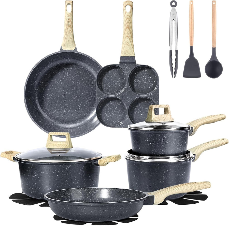 17pcs Grey Granite Non Stick Induction Safe Cookware Set Ceramic Pots Pans