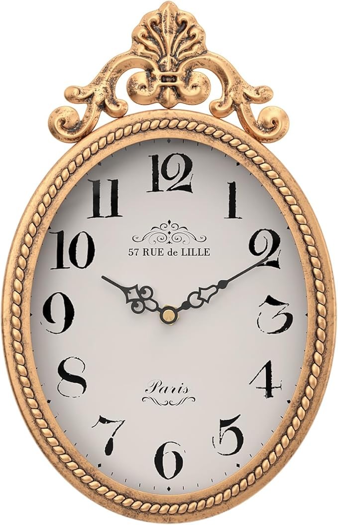 Antique Gold Oval Wall Clock 26cm Vintage French Silent Farmhouse Decor