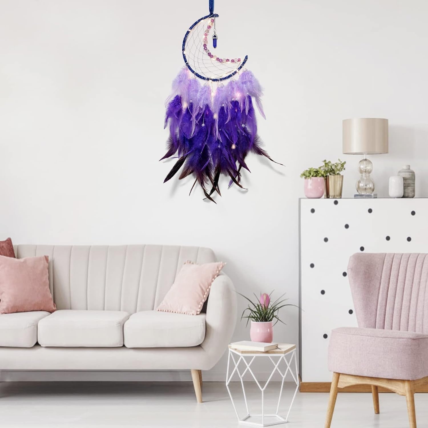 Boho Moon Dream Catcher Purple Feathers Fairy Lights Wall Decor