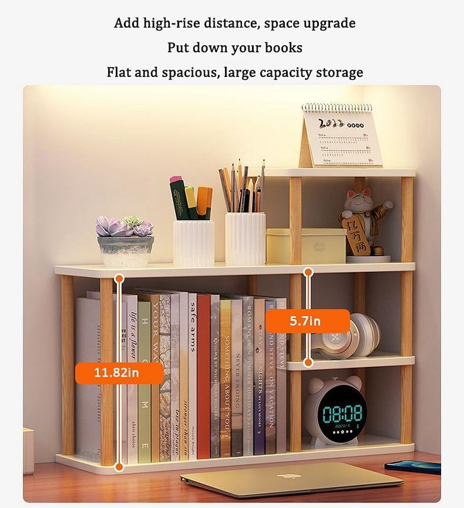 Desktop Wooden Bookcase Organizer Shelf – 2-Tier Desk Storage Rack, Large Capaci
