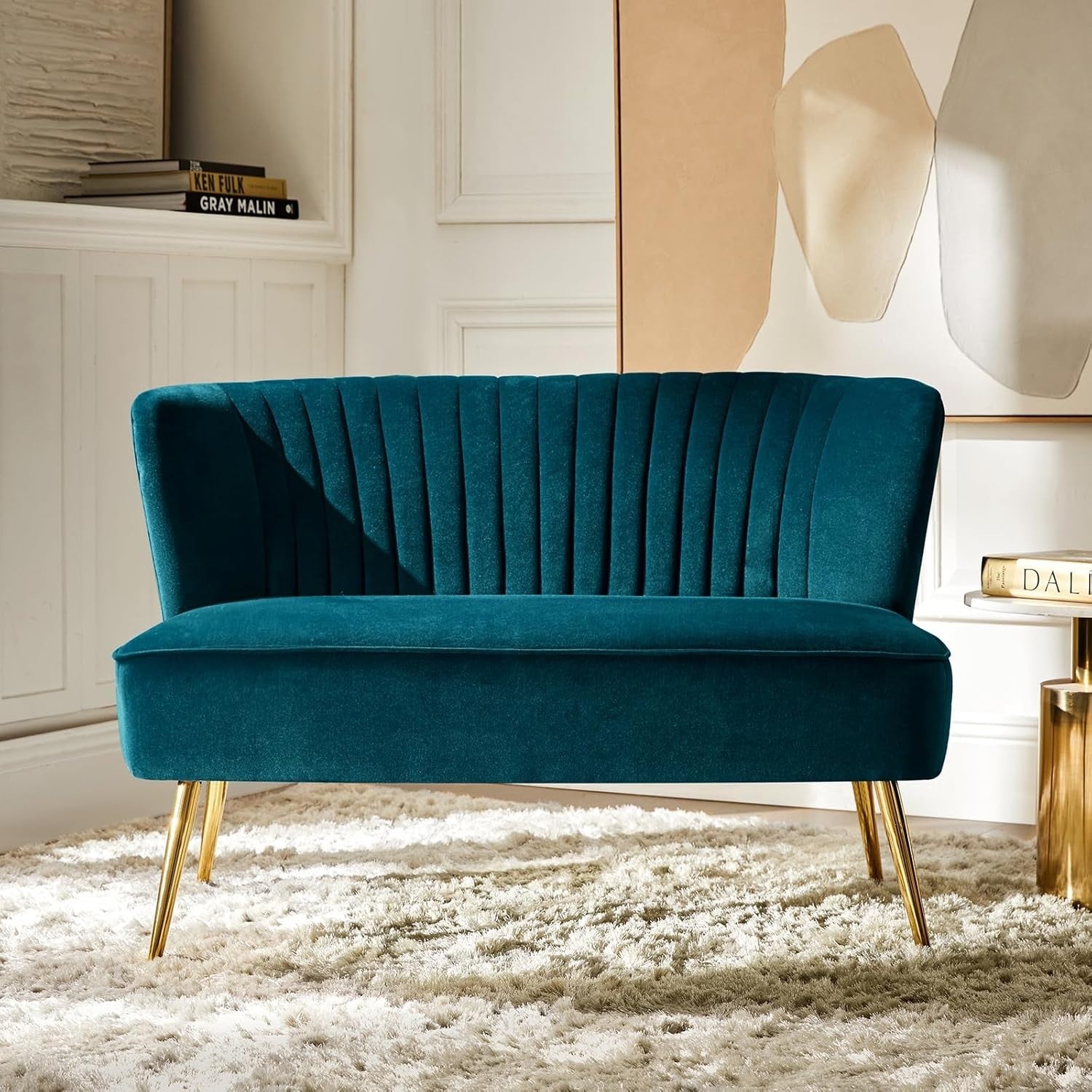 Teal Velvet 2 Seater Sofa Armless Loveseat Gold Legs for Lounge or Flat