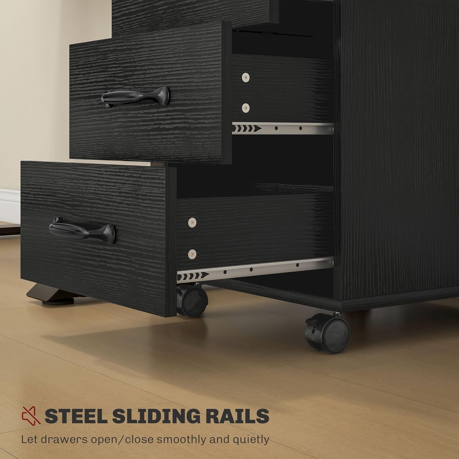 Black Wood Grain Rolling Drawer Cabinet 3 Tier Under Desk File Storage