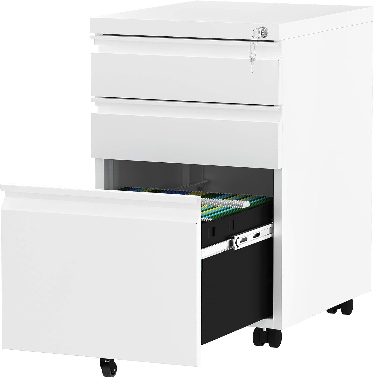 Lockable 3-Drawer Mobile Filing Cabinet Rolling Metal Office Storage White