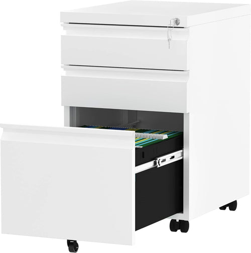 Lockable 3-Drawer Mobile Filing Cabinet Rolling Metal Office Storage White