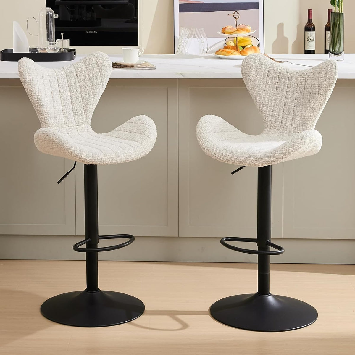 Oatmeal Wing-Back Bar Stools Set of 2 | Chenille Seat, Swivel & Adjustable