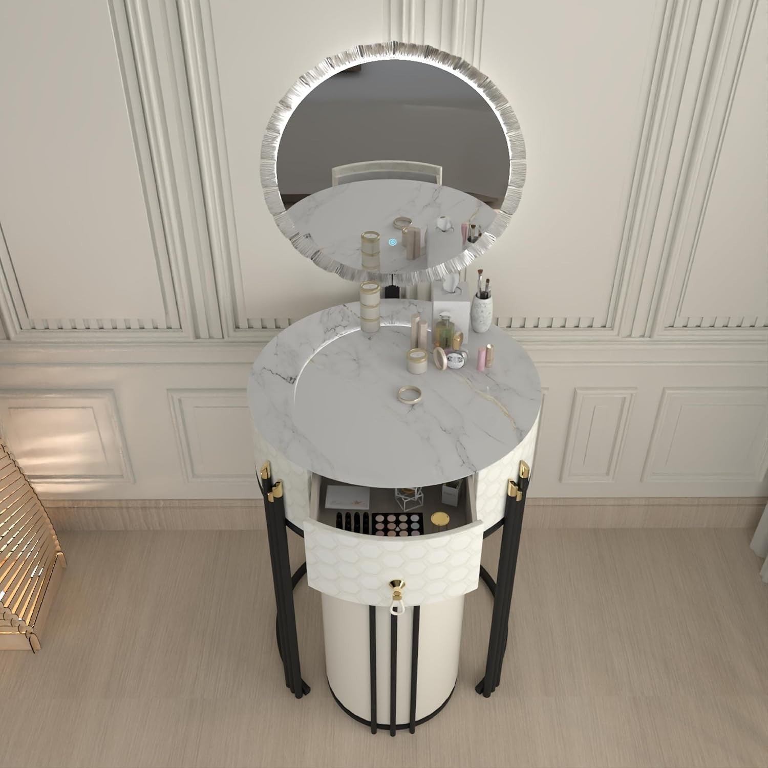 White Modern Dressing Table Vanity Set High Gloss Finish Mirror & Stool