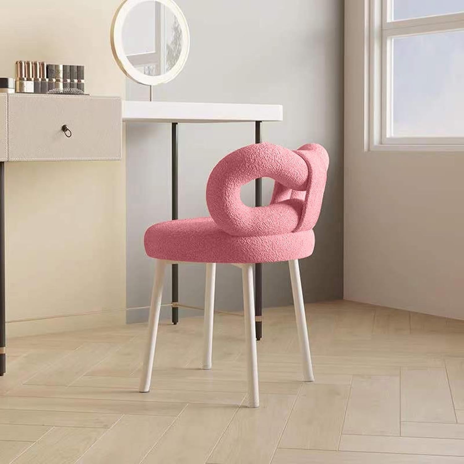 Pink Bowknot Vanity Chair Faux Wool Makeup Stool Adjustable Feet Modern