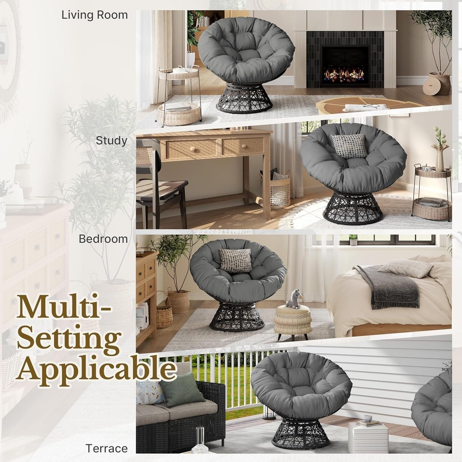 Swivel Papasan Moon Chair Oversized Round Lounge Chair with Thick Cushion