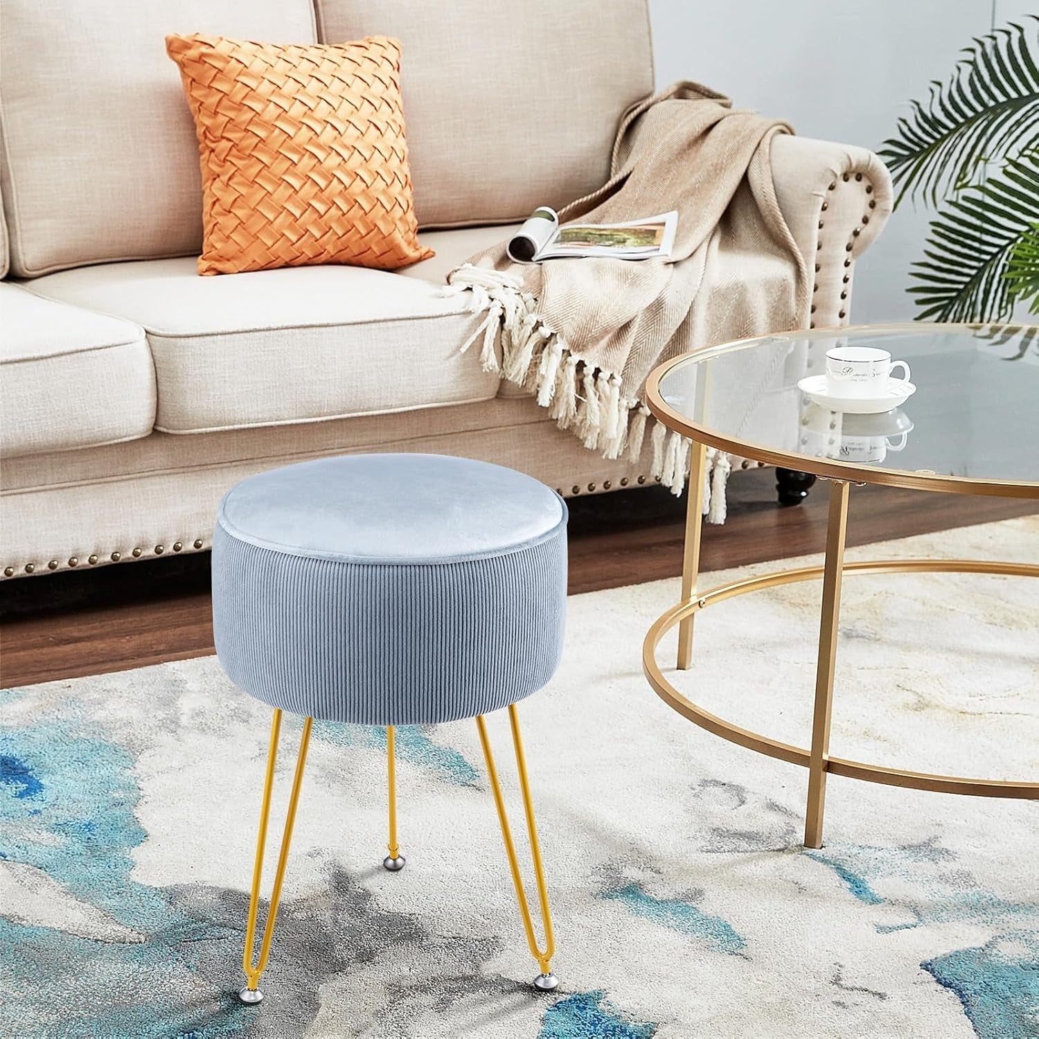 Blue Round Velvet Dressing Table Stool – Padded Vanity Seat with Golden Legs