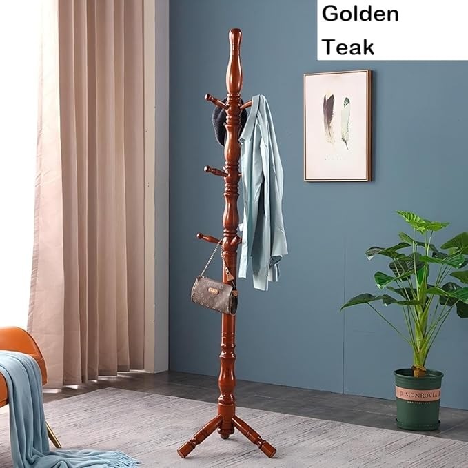 Wooden Coat Stand 9 Hooks Solid Wood Hall Tree Freestanding 185cm Teak