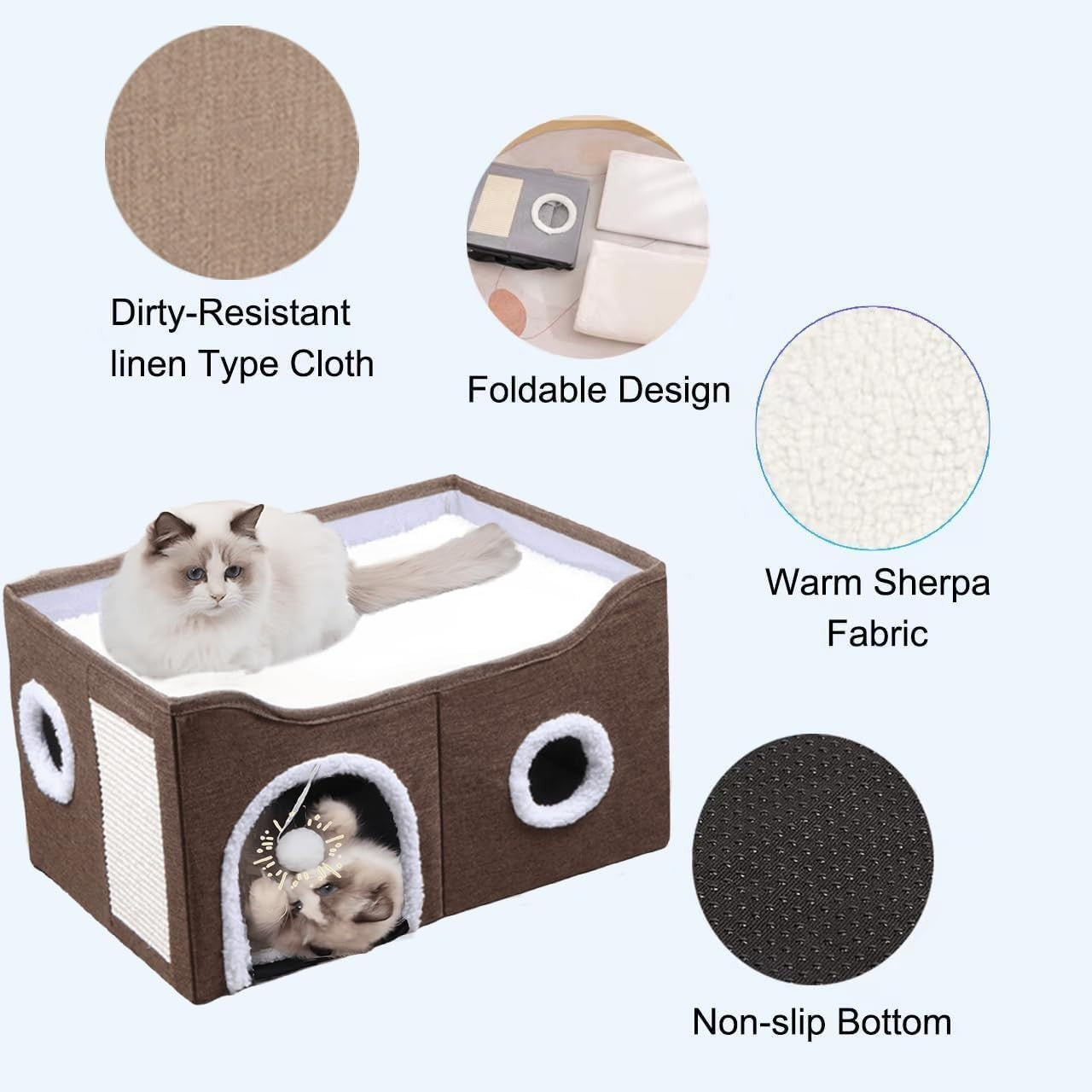 Foldable Cat House Cave Bed 2 Tier Cat Condo w Scratching Board