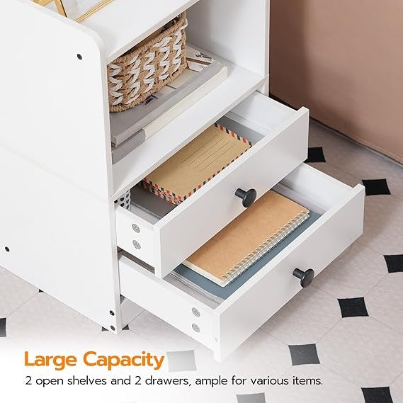 Modern LED Bedside Table with Charging Station, 2 Drawers, Storage Shelf White