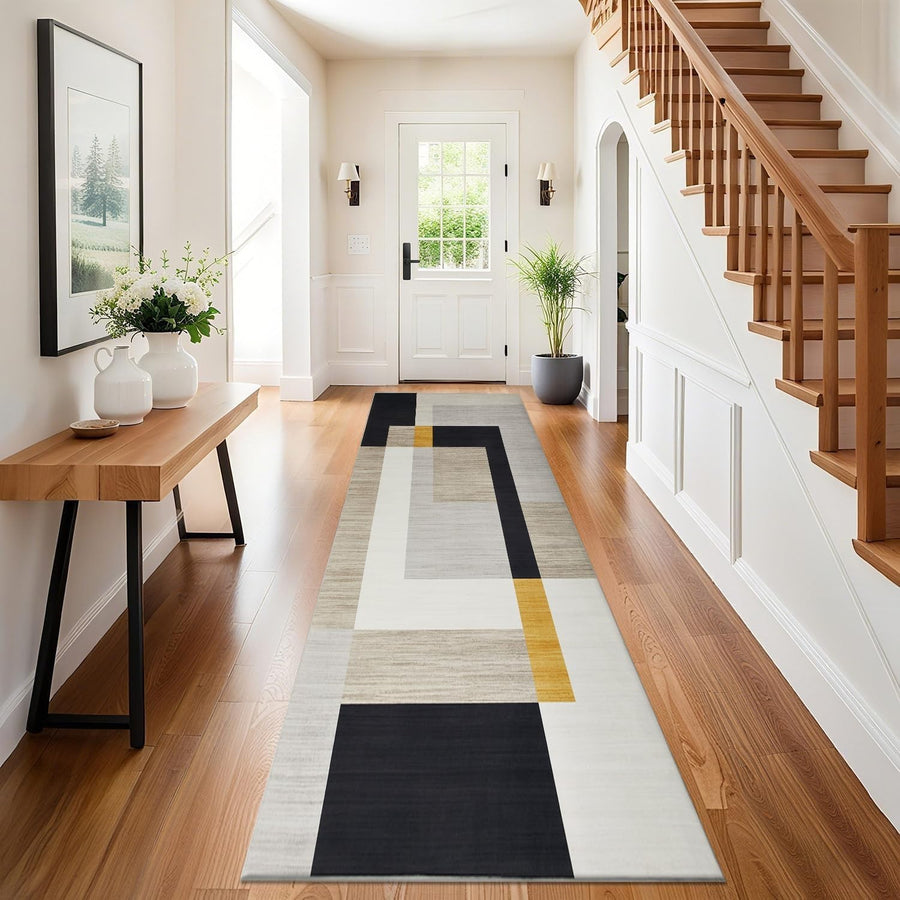 Black Yellow Runner Rug 80x300cm Non Slip Hallway Low Pile Geometric Carpet