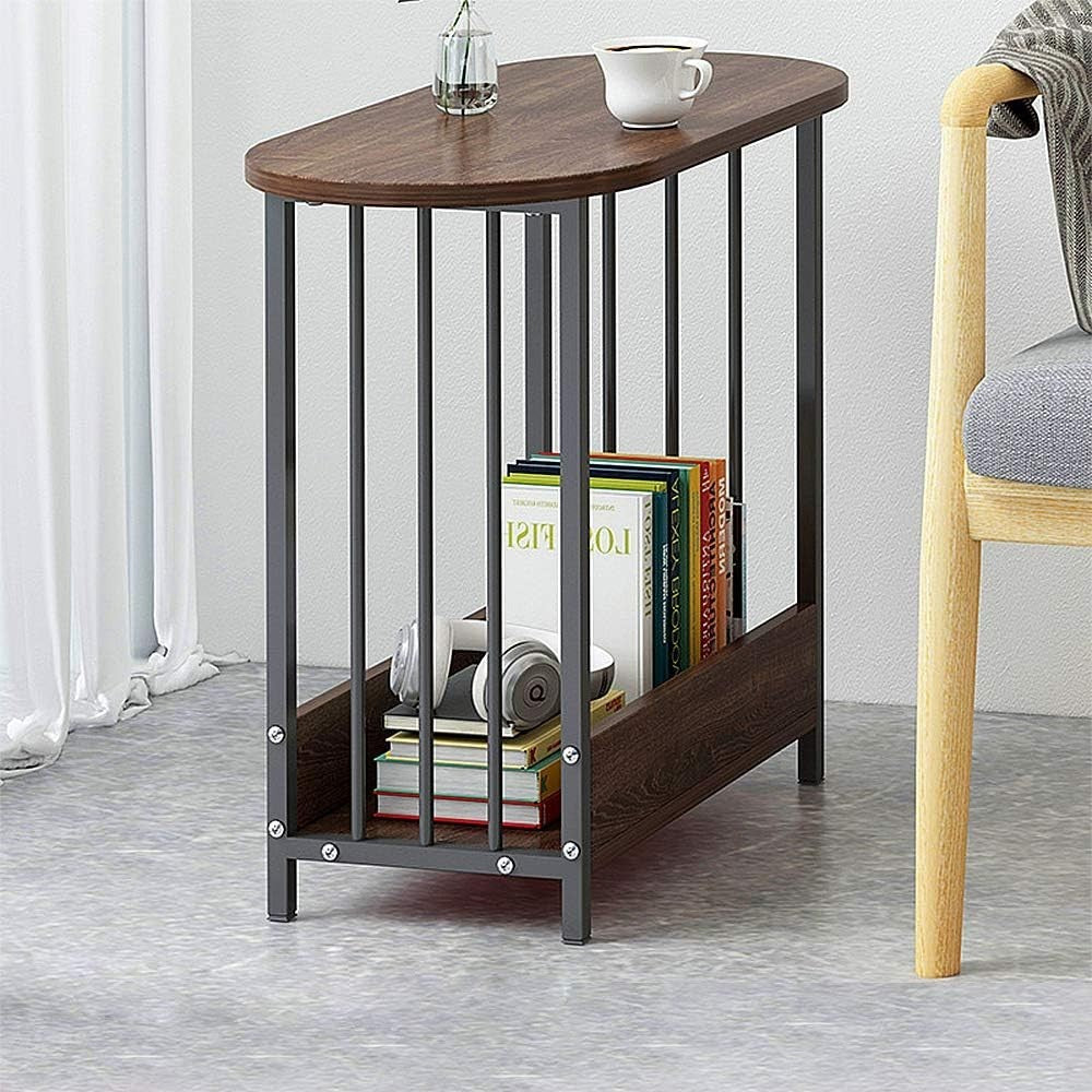 Slim Oval Side Table with Storage, Dark Oak Small End Table for Living Room