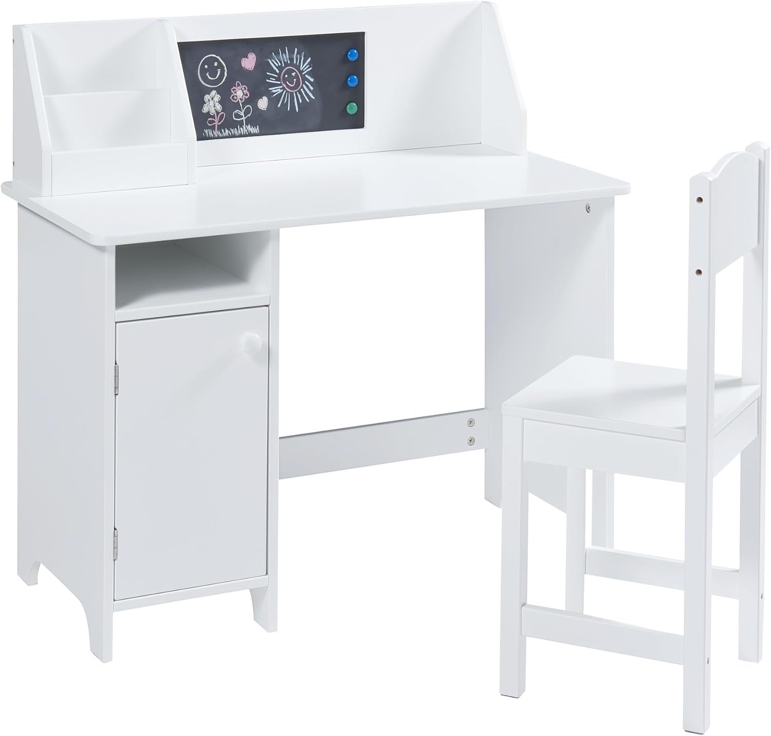 Kids Study Desk & Chair Set with Storage & Cork Board – White Writing Table