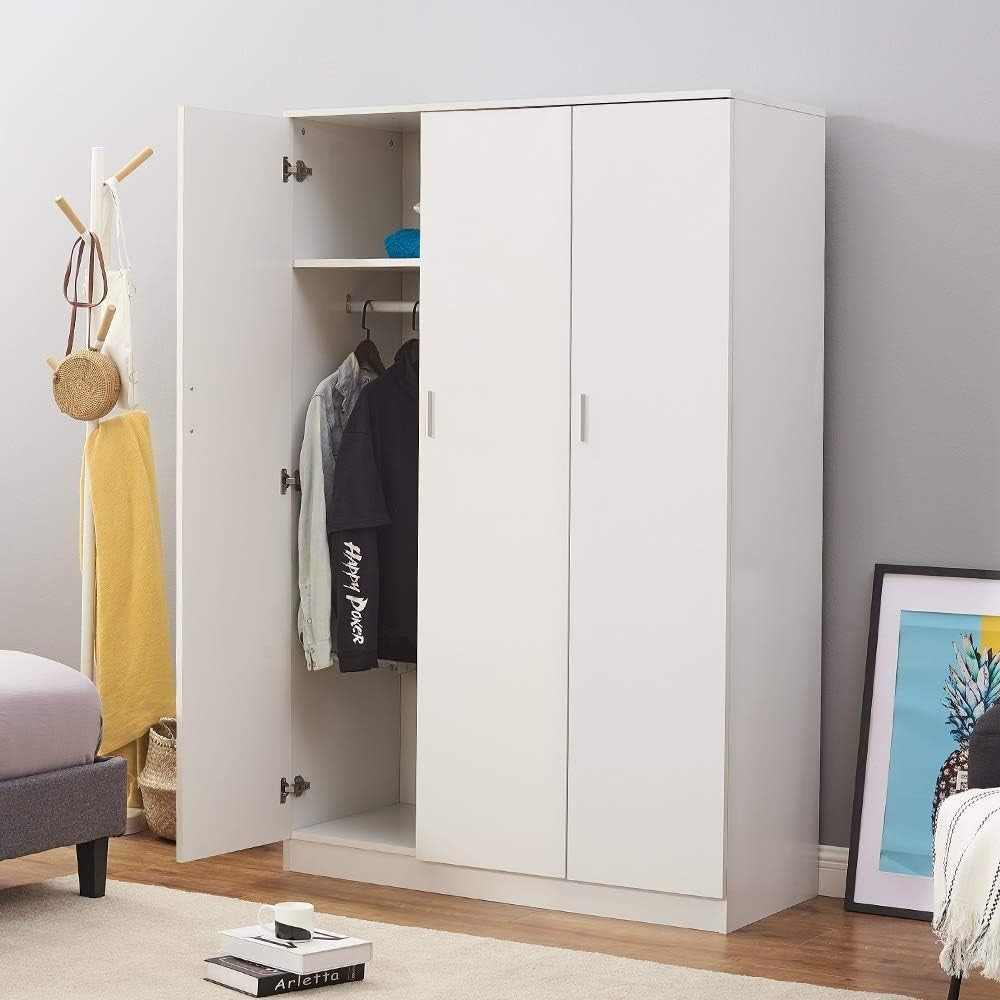 3-Door White Wardrobe with Hanging Rail & Shelves Large Bedroom Storage Cupboard