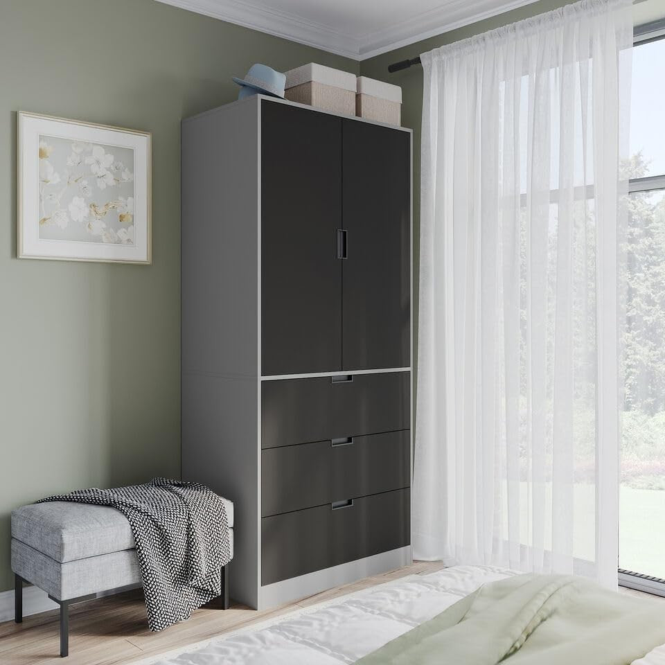 Modern Grey Wardrobe 2 Door 3 Drawer with Rail Shelf Storage 180cm