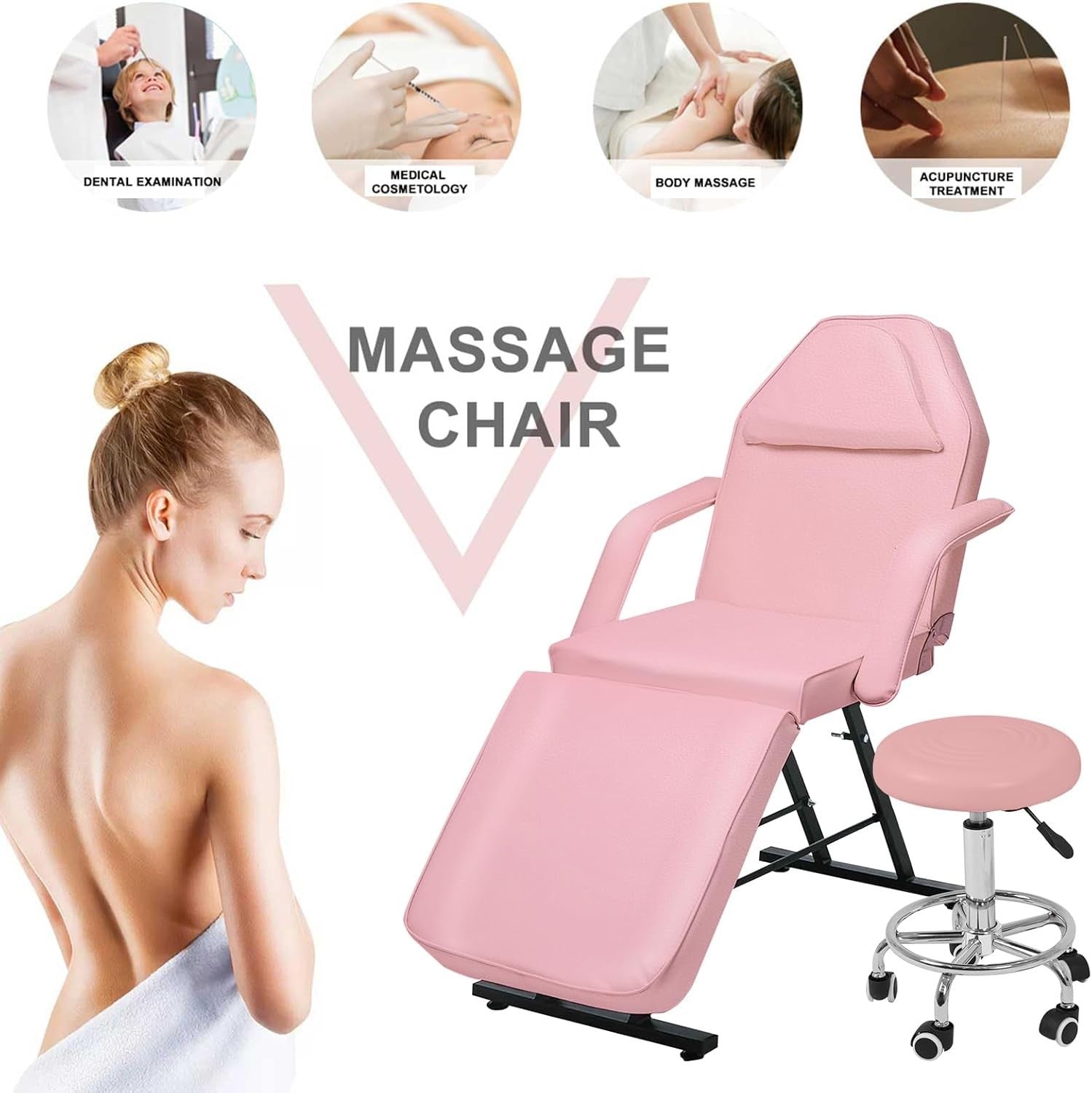 Adjustable 3-Section Massage Bed w/ Armrests & Hydraulic Stool Pink Heavy-Duty