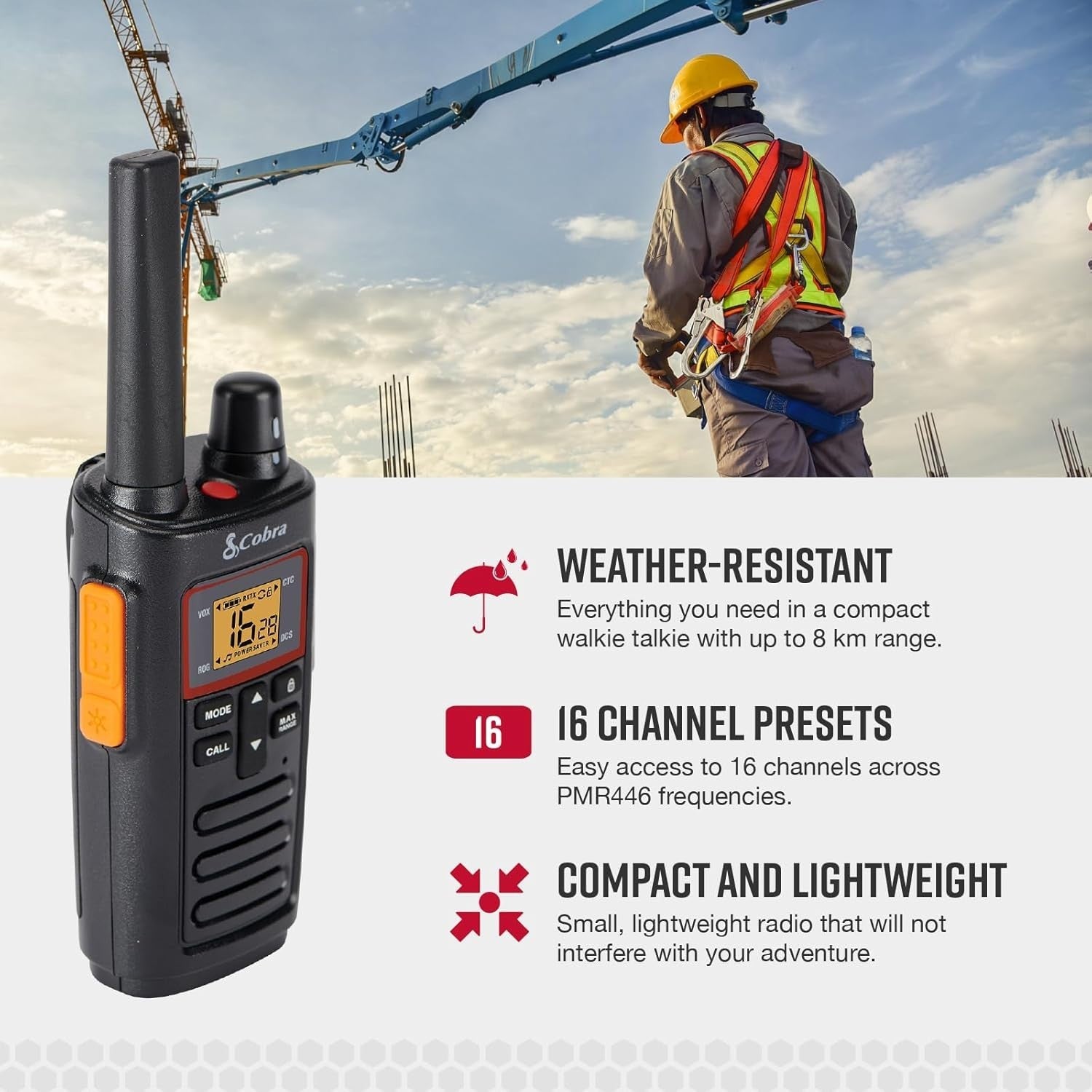 Rechargeable Walkie Talkies 2-Pack, 16 Channels, 8km Range, IPX2