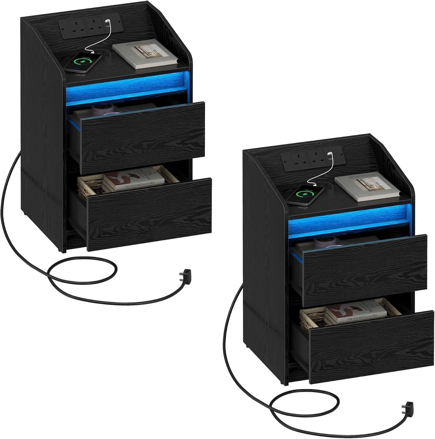 LED Bedside Tables Set of 2 with USB Ports & Power Outlets – Modern Nightstands