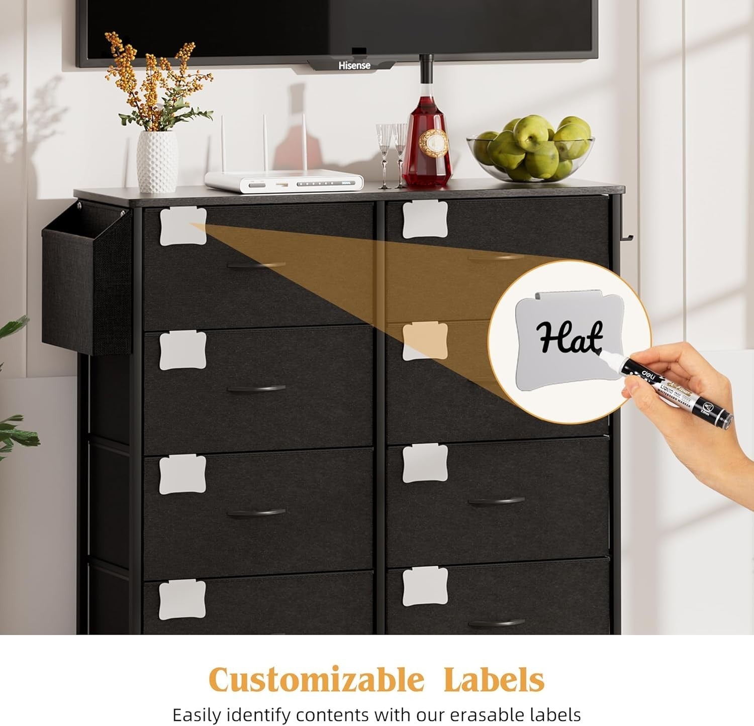 Black 8 Drawer Fabric Storage Unit w/ Labels & Pocket – 80x30x97cm
