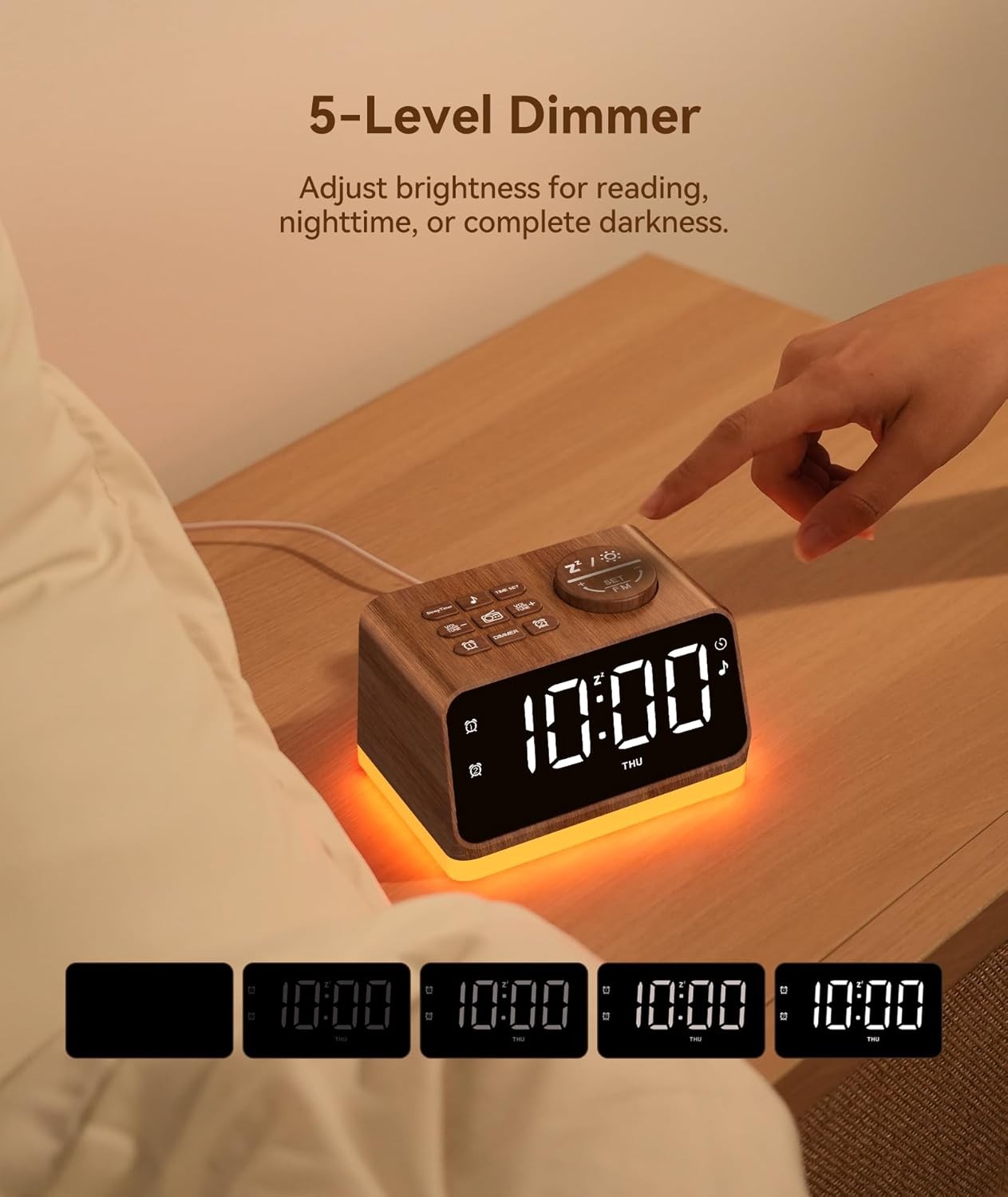 FM Radio Alarm Clock Dual Alarm White Noise USB Charging Night Light