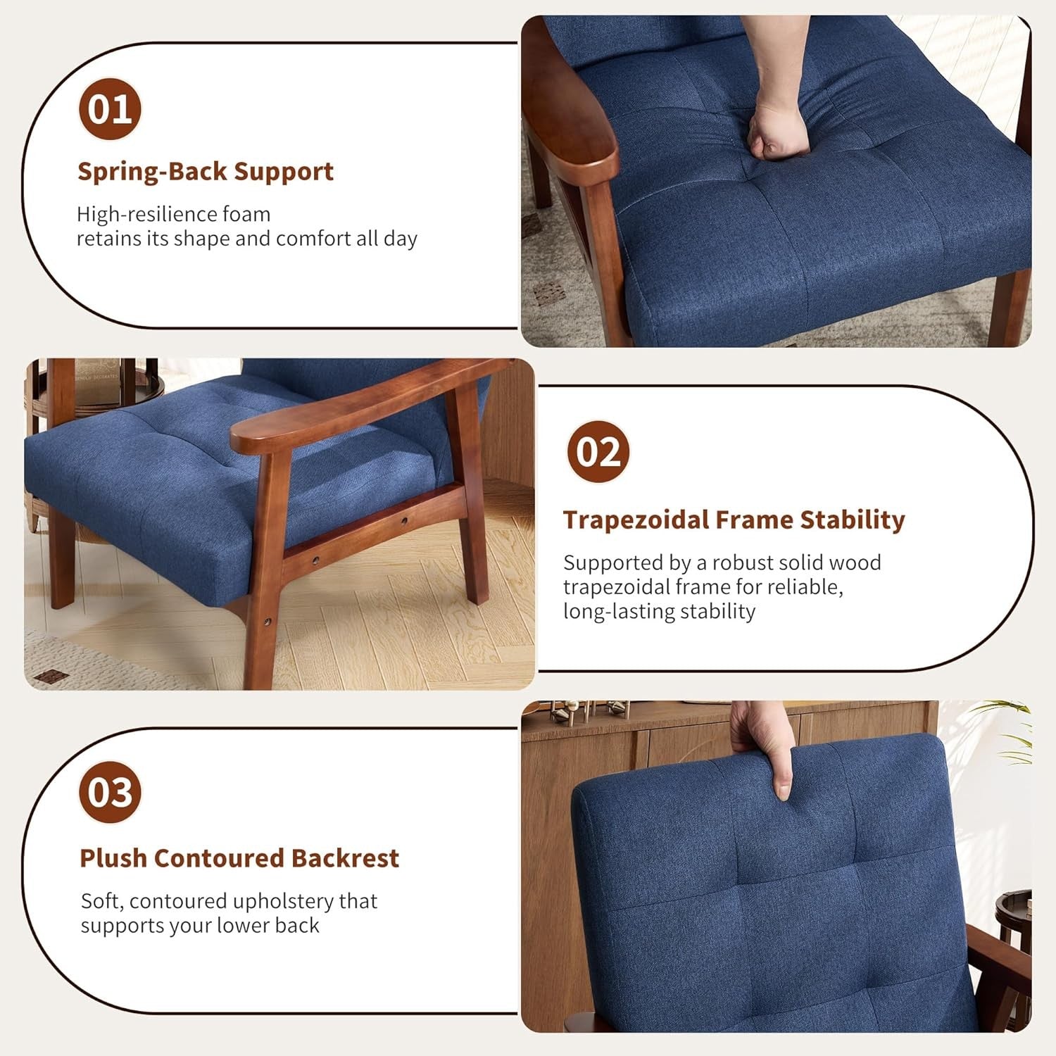 Mid‑Century Modern Upholstered Accent Chair – Blue Linen Lounge Armchair