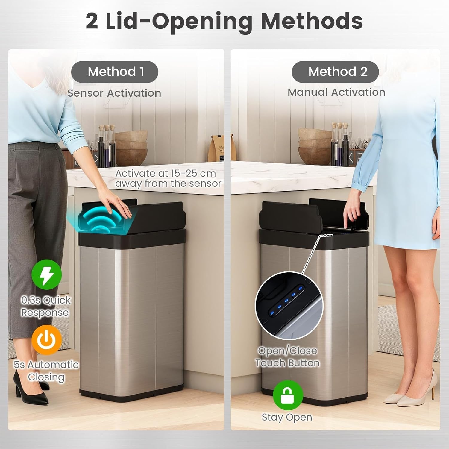 60L Touchless Motion Sensor Kitchen Bin – Automatic Stainless Steel Trash Can